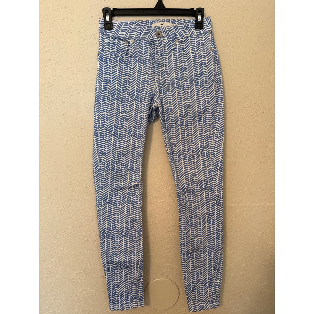 Vineyard Vines Women 24 Blue White Herringbone Geometric Slim Leg Cotton Pants